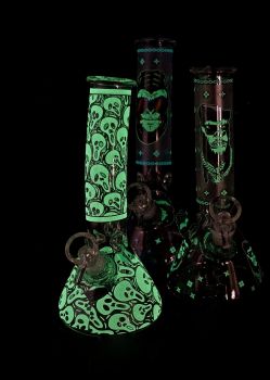 Glow in Dark Biker Design with Decal Water Pipe 9.5 Inch